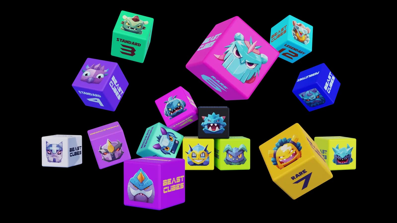 Beast Cubes scattered in mid-air, showing printed rarity and Life Points on each cube face