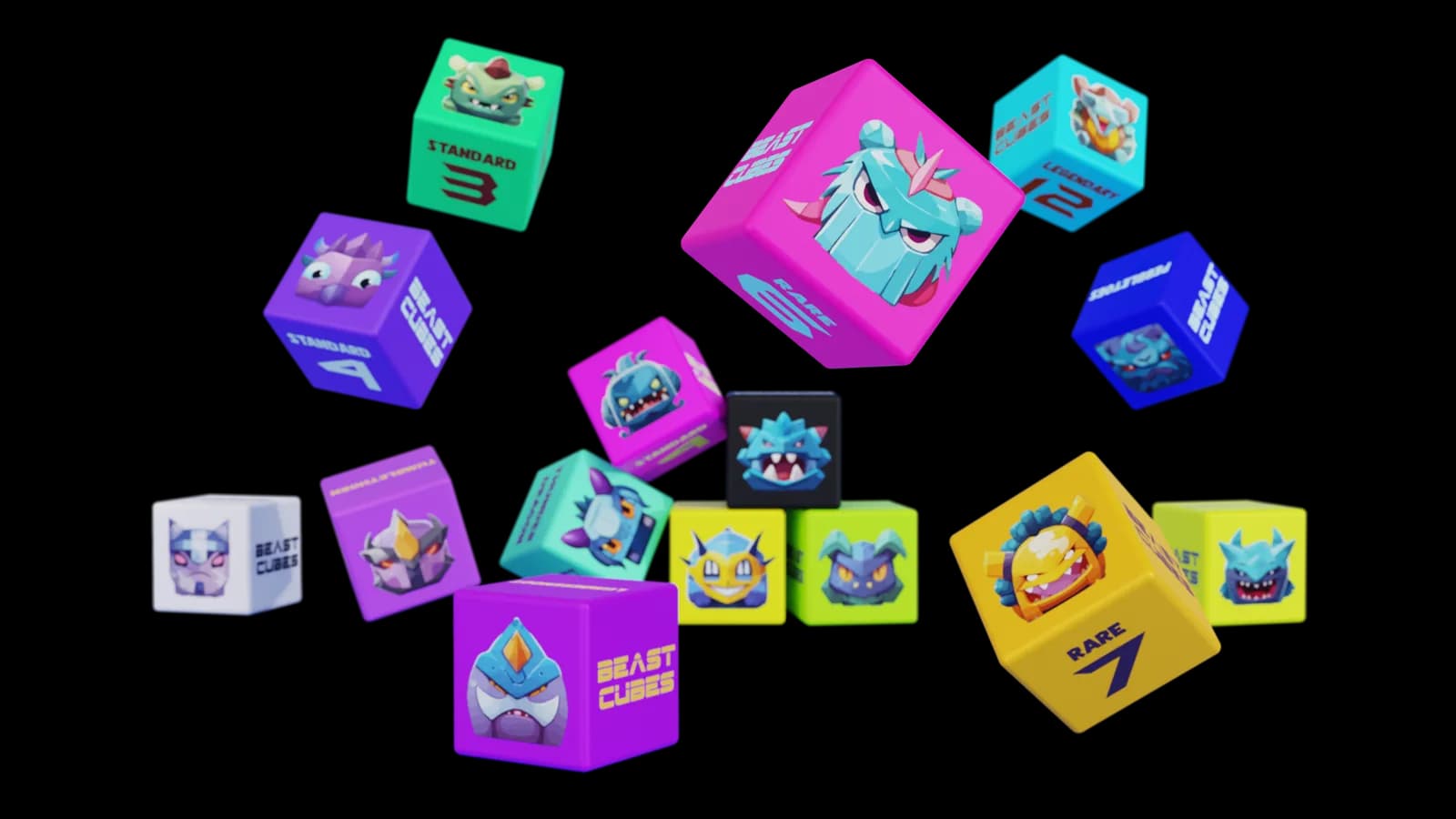 Beast Cubes tumbling in mid-air, showing several character designs