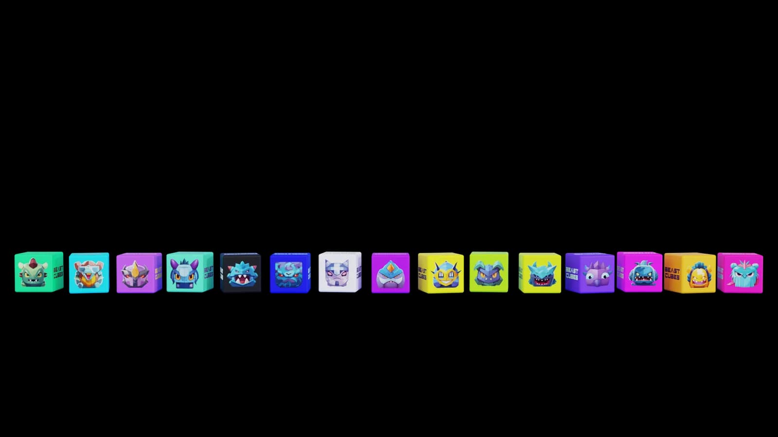 A lineup of Beast Cubes in a row, showing a range of characters
